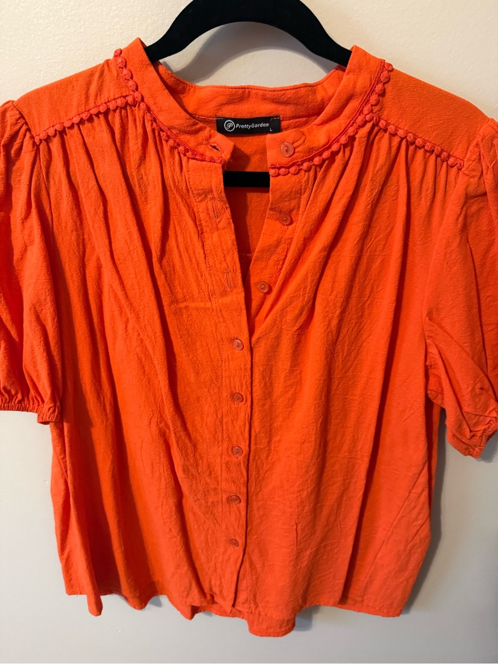 PrettyGarden Women's Orange Button-Front Pom-Trim Blouse